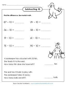 Subtracting 10 (Horizontal w/ Word Problems) Subtraction Worksheet