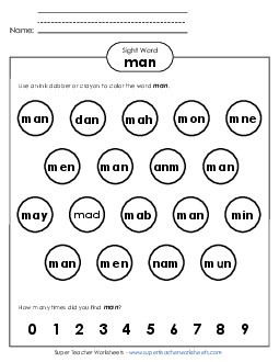 Dab or Color: Man Sight Words Individual Worksheet