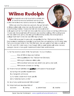 Wilma Rudolph (Short Passage) 4th Grade Reading Comprehension Reading Comp Short Worksheet