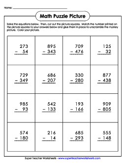 Math Puzzle Picture  (Cut and Glue) Subtraction Worksheet