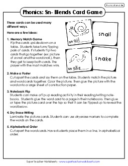 Phonics Card game (Sn- Words)  Phonics Blends Worksheet