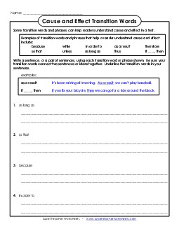 Cause & Effect Transitions: Write Sentences Transition Words Worksheet