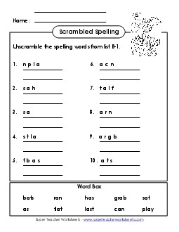 Scrambled Spellings (B-1) Free Spelling B Worksheet