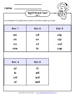 Whole Class Test (Unit 9) Sight Words Worksheet