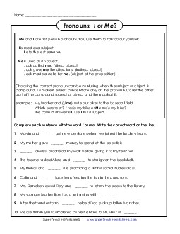 Pronouns: I and Me (Intermediate) Worksheet