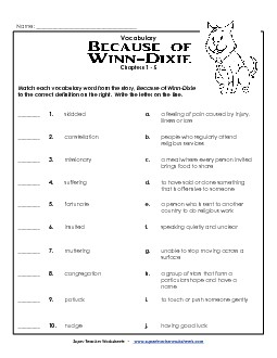 Vocab. for Chapters 1-5 Free Book Because Of Winn Dixie Worksheet