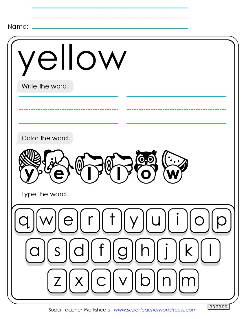 Write, Color, Type: Yellow Sight Words Individual Worksheet