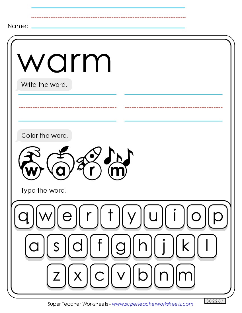 Write, Color, Type: Warm Sight Words Individual Worksheet