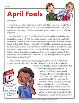 History of April Fools (Non-Fiction) Reading Comprehension Worksheet