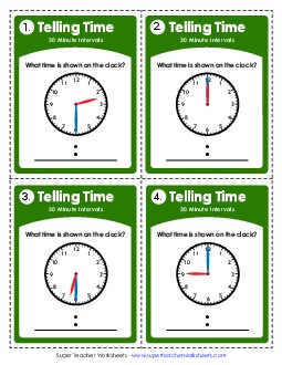 Task Cards: Clocks (Half Hours) Time Worksheet