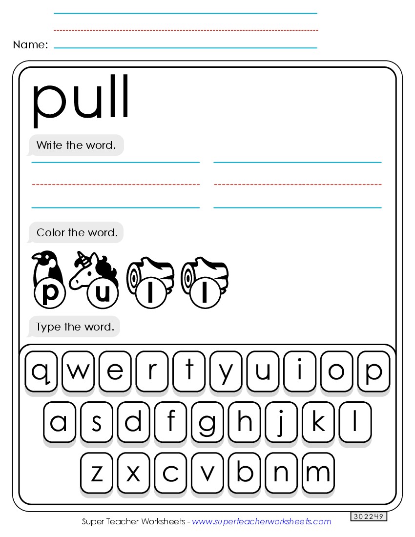 Write, Color, Type: Pull Sight Words Individual Worksheet