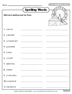 Write Words Twice (F-3)  Spelling F Worksheet