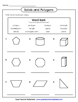 Name the Shape (Flat & Solid Shapes) 1st Grade Math Worksheet