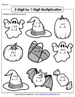 3-Digit Halloween Multiplication Worksheet