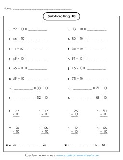 Subtracting 10 (Horizontal & Vertical) Subtraction Worksheet