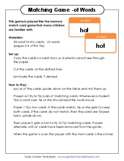 Memory Match Game (-ot) Word Families Worksheet