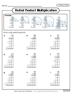 Multiplying with Partial Products: 2-Digit Numbers 4th Grade Math Worksheet