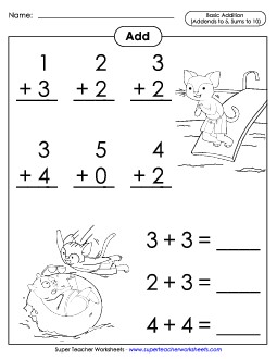 Basic Addition Facts: Swim Cat (Addends to 5; Sums to 10) Worksheet