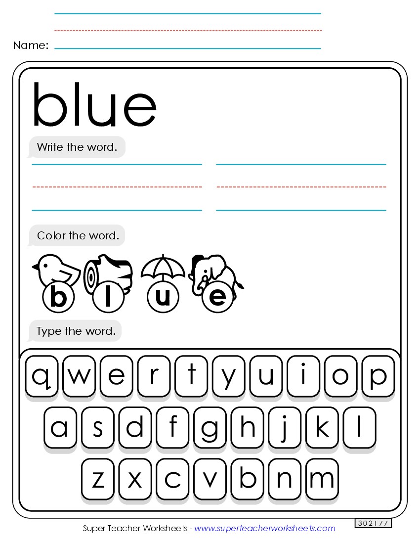 Write, Color, Type: Blue Sight Words Individual Worksheet