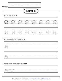 Lowercase e (Dotted Lines) Printing Worksheet