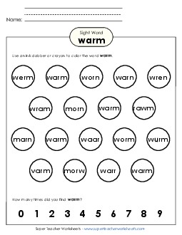 Dab or Color: Warm Sight Words Individual Worksheet