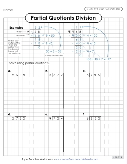 Partial Quotients (Graph Paper) 3-Digit by 1-Digit Division (No Remainders) Worksheet