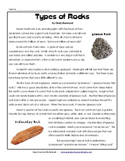 Article: Types of Rocks  Reading Comprehension Worksheet