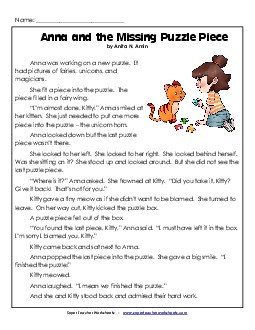 Anna and the Missing Puzzle Piece 2nd Grade Reading Comprehension Worksheet