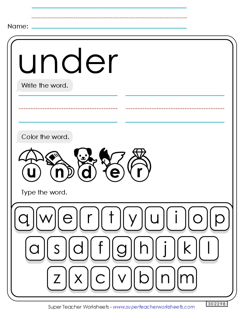 Write, Color, Type: Under Sight Words Individual Worksheet