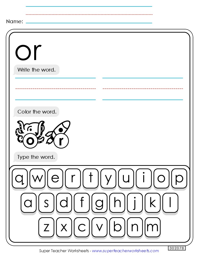 Write, Color, Type: Or Sight Words Individual Worksheet