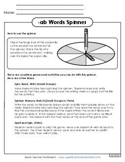 Word Spinner (-ab) Word Families Worksheet