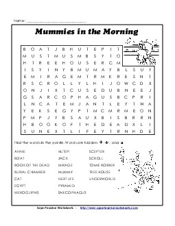 Word Search  Book Mummies In The Morning Worksheet