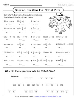 Math Riddle: Scarecrow (Basic Algebraic Equations) Worksheet