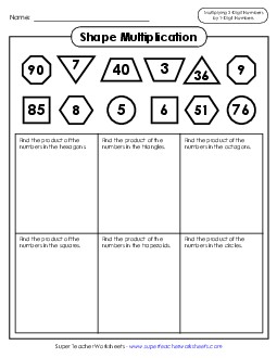 Shape Multiplication (2-Digit Times 1-Digit Numbers) Worksheet