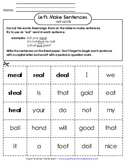 Make Sentences: Word Cards (-eal) Word Families Worksheet