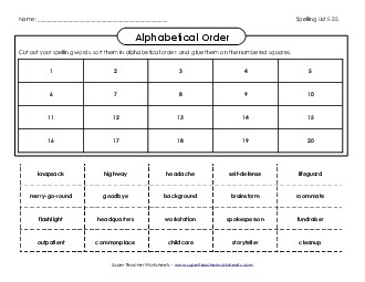 ABC Order: Cut-and-Glue (E-25) Spelling E Worksheet