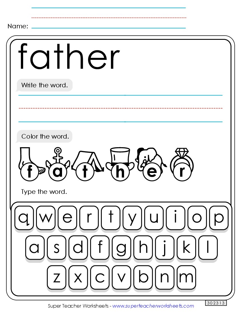 Write, Color, Type: Father Sight Words Individual Worksheet