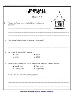 Comprehension Questions: Chapters 7 - 9 Book The Cricket In Times Square Worksheet