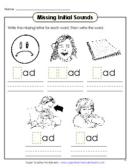 Missing Initial Sounds (-ad) Word Families Worksheet