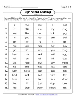 Cumulative Practice (Units 1 - 30) Sight Words Worksheet