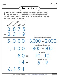 Partial Sums Anchor Chart (4-Digit) Addition Worksheet