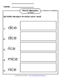 Letter Stampers Activity (-ice Words)  Word Families Worksheet