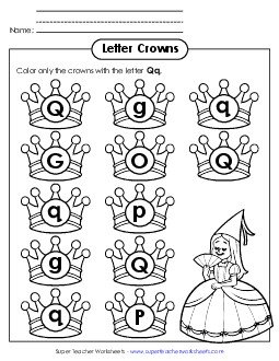 Letter Q q Recognition - Queen (Pointed Q) Alphabet Worksheet