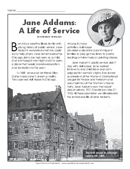 Jane Addams Free Reading Comprehension Worksheet