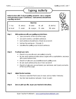 Typing Sentences (C-7)  Spelling C Worksheet