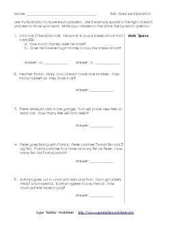 Multiplication Word Problems (Basic Facts) Worksheet