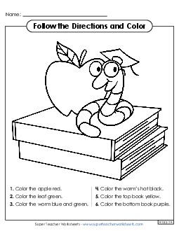 Follow the Directions and Color: Bookworm Picture Backtoschool Worksheet