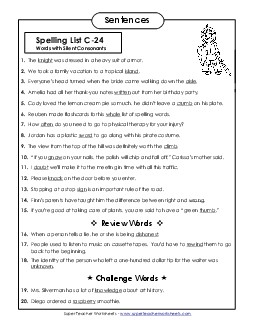 Spelling Test Sentences (C-24) Spelling C Worksheet