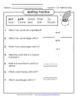 Spelling Practice (A-St. Patrick\'s Day)  Spelling A Worksheet