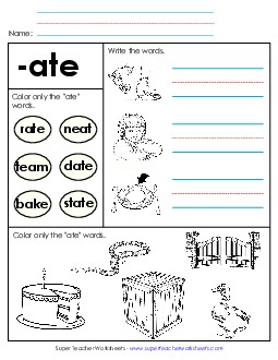 Worksheet 2 (-ate Words) Word Families Worksheet